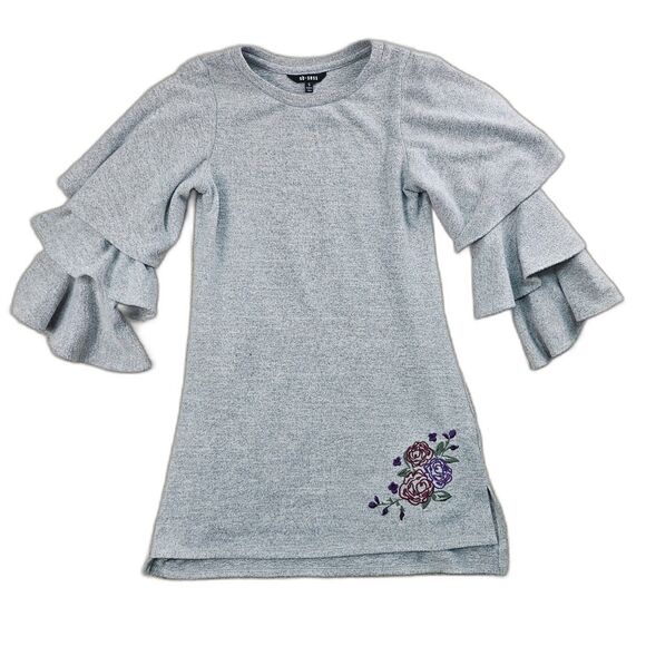 Obsess Sweater Dress with Ruffled Sleeves & Floral Embroidery Gray Girls Size Sm - Picture 1 of 9